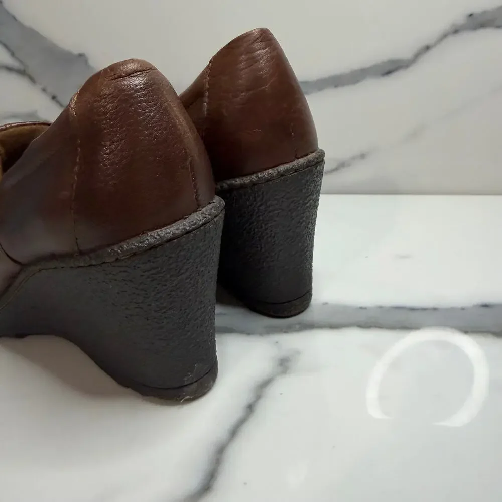 BOC Born Women's Brown Leather Wedge Clogs Sz 7.5 Slip On Comfort Boho Festival